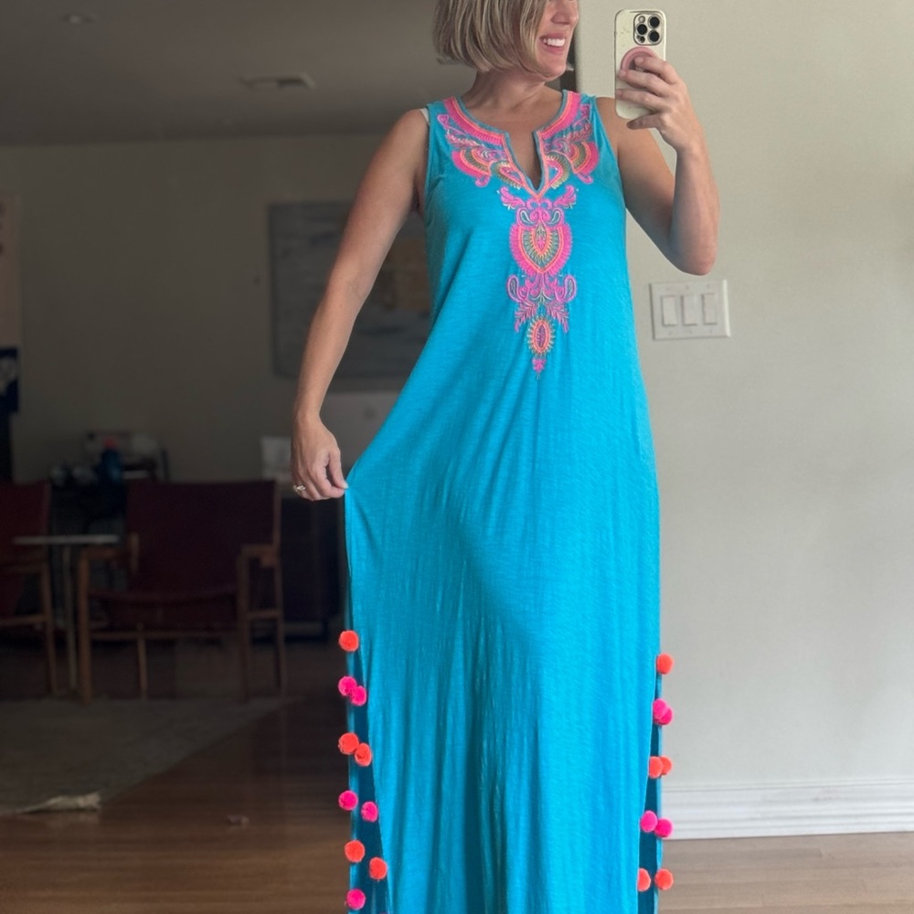 Lilly Pulitzer Size Small Embroidered Blue and Pink Maxi Dress with Neon Accents